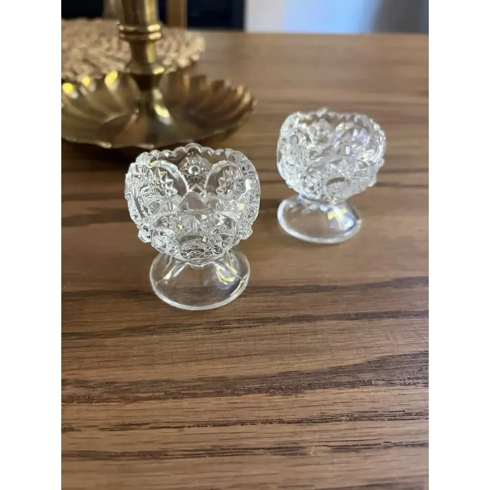 Antique EAPG Salt Cellars Footed Glass Open Salts Set Of 2 Starburst And Shells